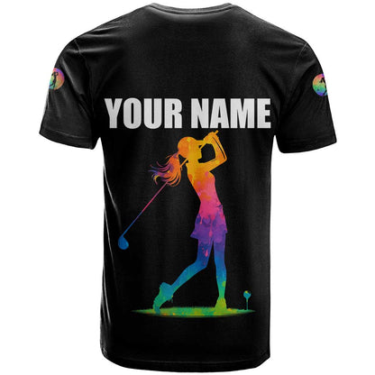 Colorful Golf T-Shirt Watercolor American Flag Female Golfer Silhouette in Rainbow Gradient Graphic Tee