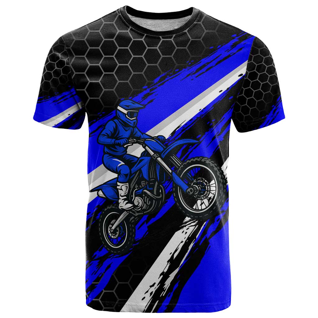 Custom Blue Motocross T-Shirt with Dirt Bike Rider Graphic Design on Honeycomb Pattern Graphic Tee