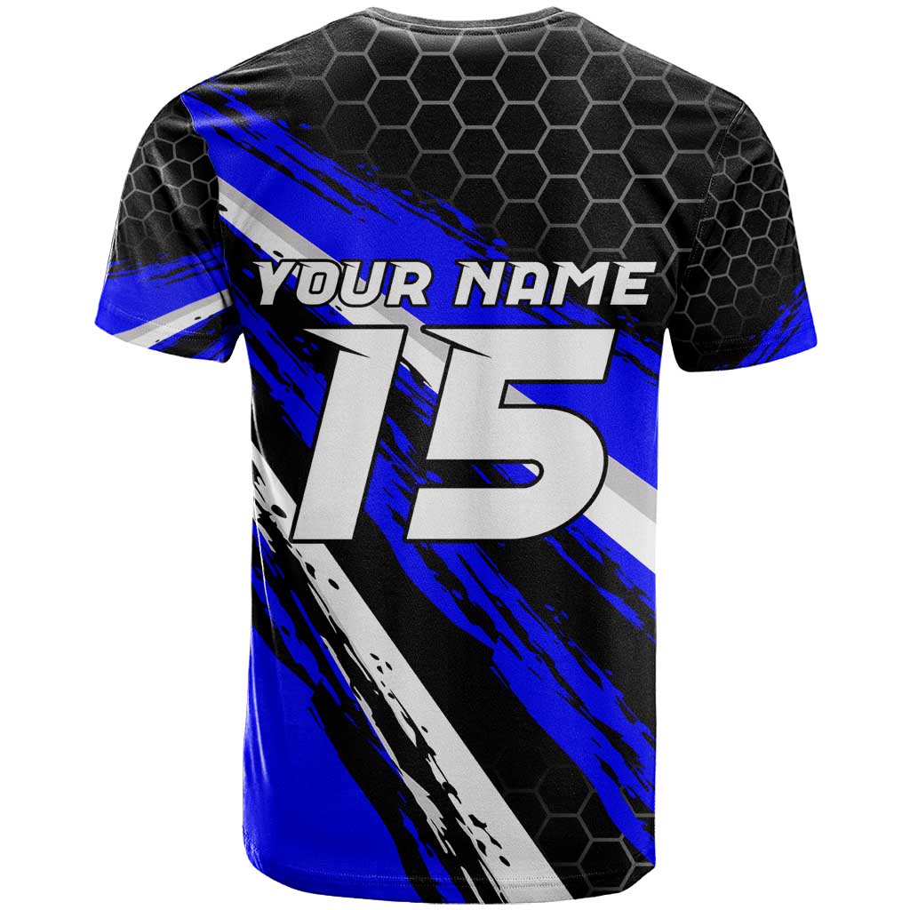 Custom Blue Motocross T-Shirt with Dirt Bike Rider Graphic Design on Honeycomb Pattern Graphic Tee