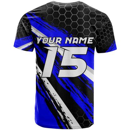 Custom Blue Motocross T-Shirt with Dirt Bike Rider Graphic Design on Honeycomb Pattern Graphic Tee