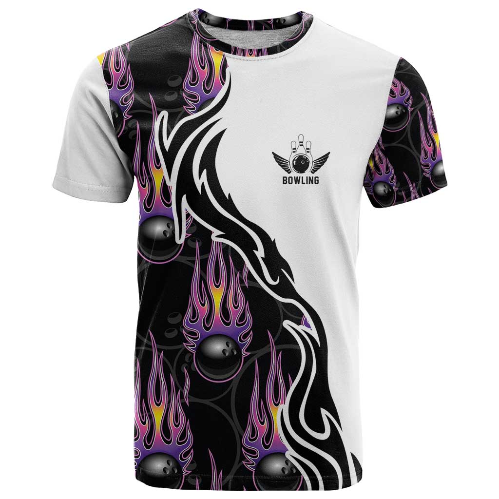 Custom Bowling Team Graphic T-Shirt with Flaming Ball Design in Black White and Purple Flame Pattern Graphic Tee