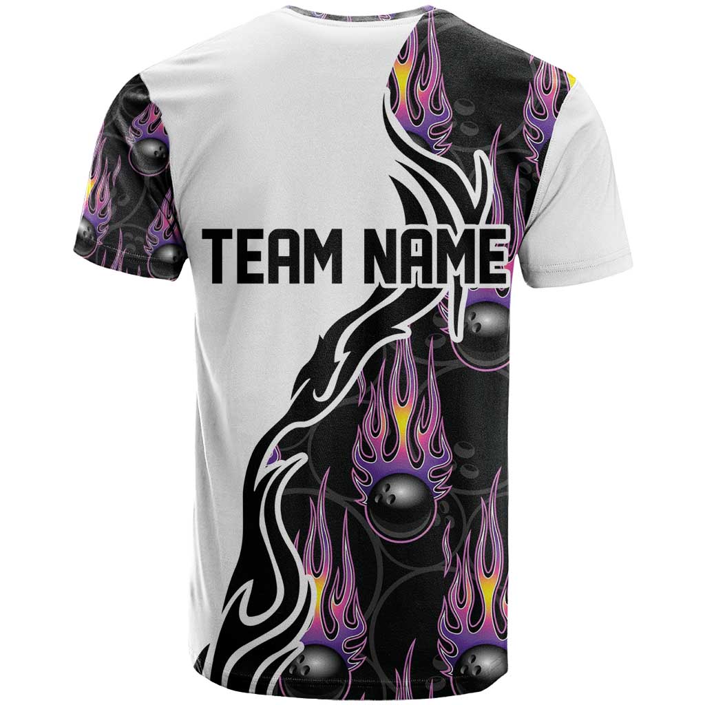 Custom Bowling Team Graphic T-Shirt with Flaming Ball Design in Black White and Purple Flame Pattern Graphic Tee