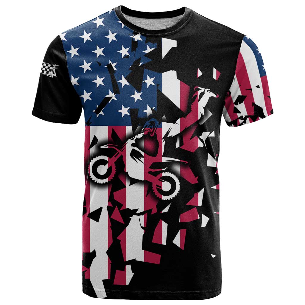 Personalized Dirt Bike Racing T-Shirt Shattered American Flag and Race Checkered Patch Graphic in Red White and Blue Graphic Tee