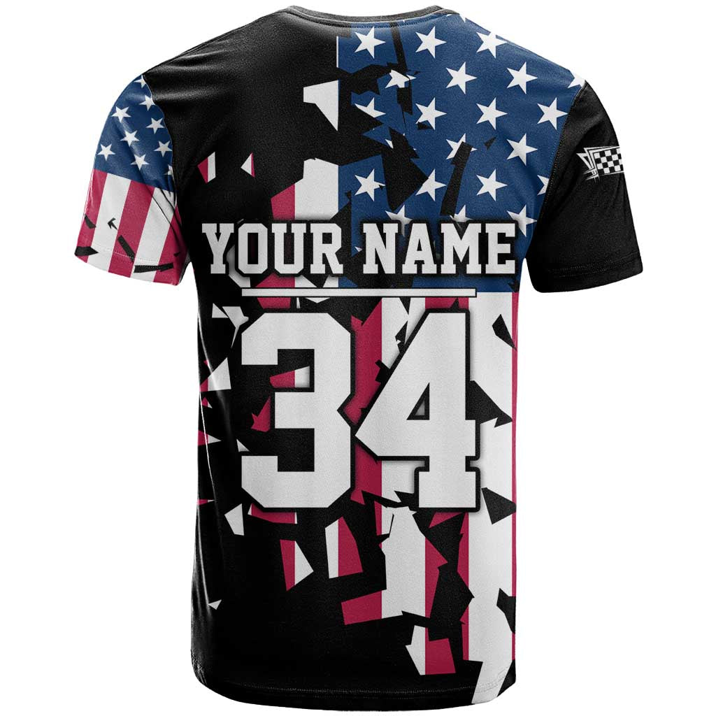 Personalized Dirt Bike Racing T-Shirt Shattered American Flag and Race Checkered Patch Graphic in Red White and Blue Graphic Tee