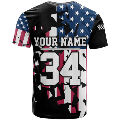 Personalized Dirt Bike Racing T-Shirt Shattered American Flag and Race Checkered Patch Graphic in Red White and Blue Graphic Tee