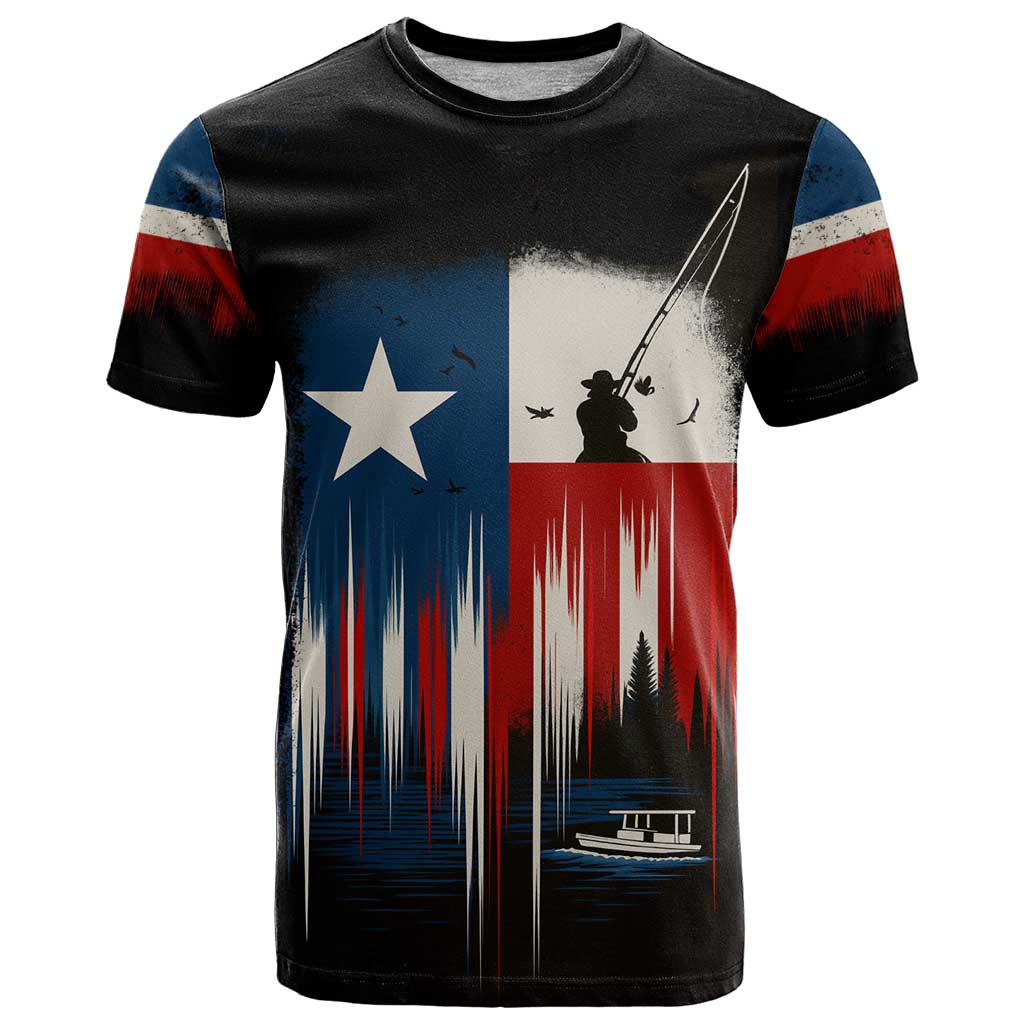Texas Flag Fishing T-Shirt with Silhouette Fisherman and Rustic Lake Scene in Red White Blue Graphic Tee
