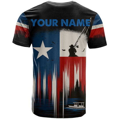 Texas Flag Fishing T-Shirt with Silhouette Fisherman and Rustic Lake Scene in Red White Blue Graphic Tee