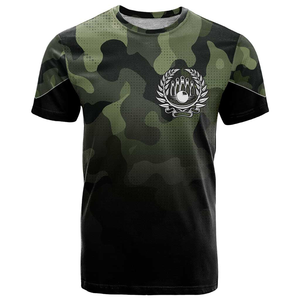 Camouflage Bowling T-Shirt with Grunge American Flag and Pin Emblem in Military Green Graphic Tee