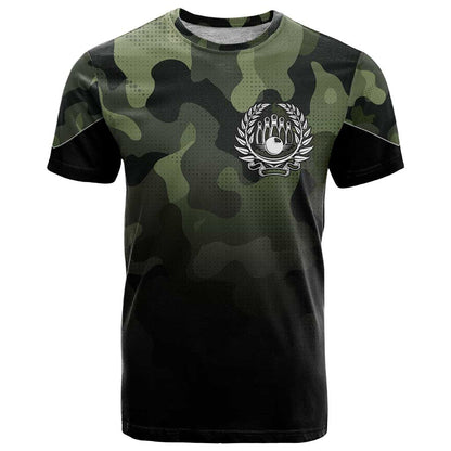 Camouflage Bowling T-Shirt with Grunge American Flag and Pin Emblem in Military Green Graphic Tee