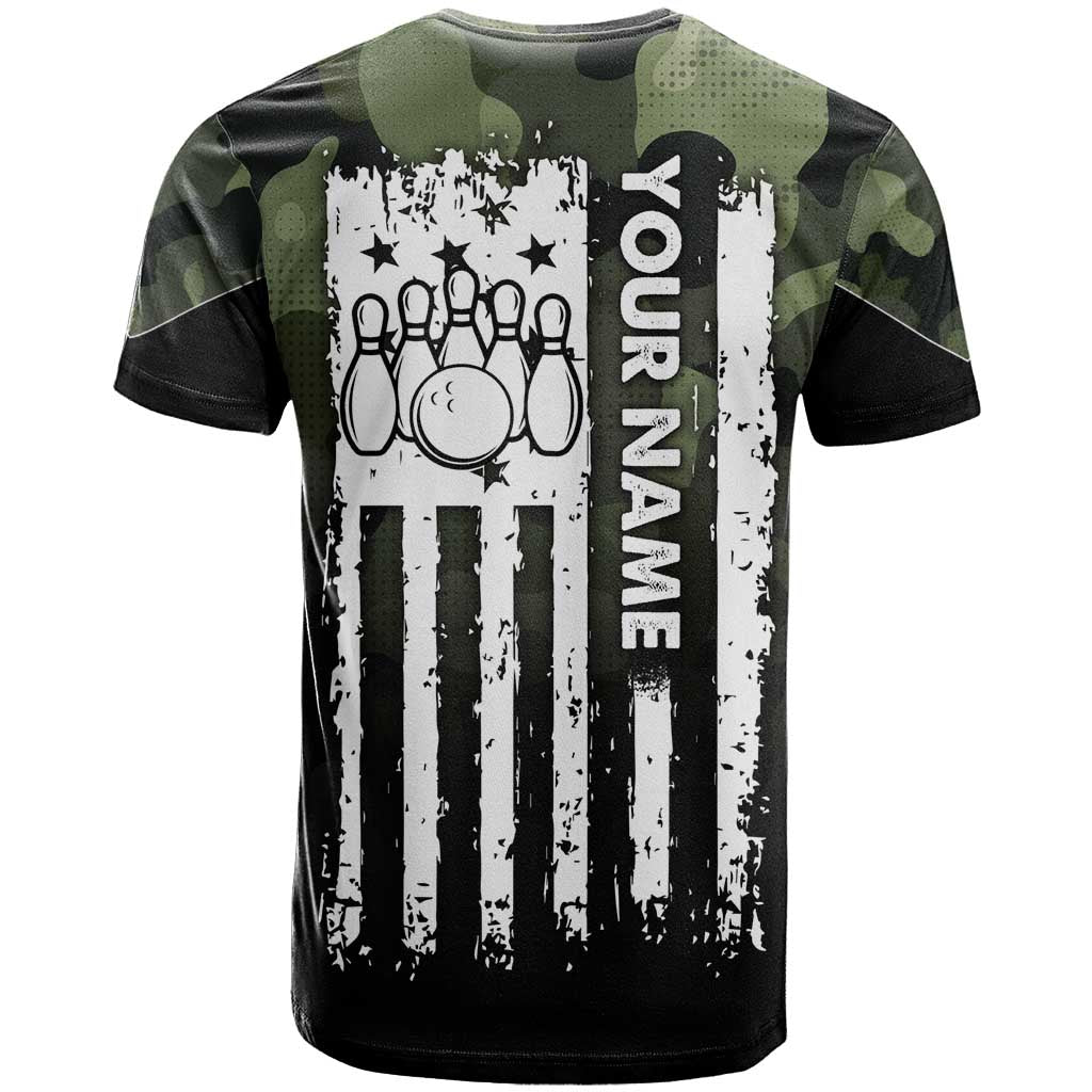 Camouflage Bowling T-Shirt with Grunge American Flag and Pin Emblem in Military Green Graphic Tee