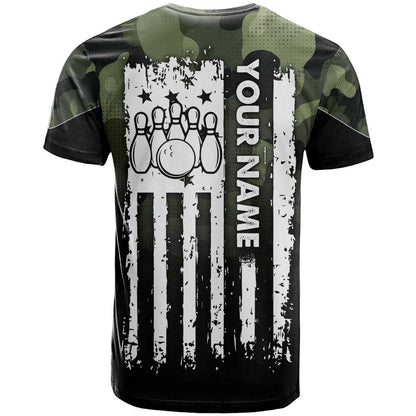 Camouflage Bowling T-Shirt with Grunge American Flag and Pin Emblem in Military Green Graphic Tee
