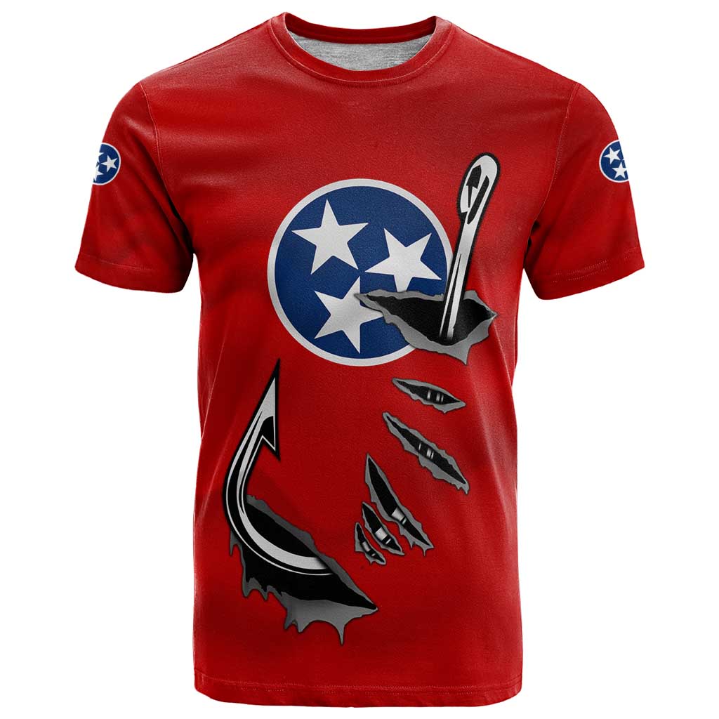 Tennessee Flag Fishing T-Shirt with Ripped Hook Graphic and Triple Star Symbol in Red and Blue Graphic Tee