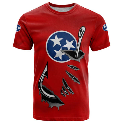 Tennessee Flag Fishing T-Shirt with Ripped Hook Graphic and Triple Star Symbol in Red and Blue Graphic Tee