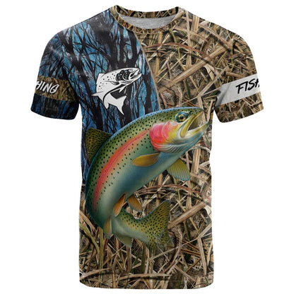 Rainbow Trout Fishing T-Shirt with Camouflage Reeds and Forest Background in Nature-Inspired Colors Graphic Tee