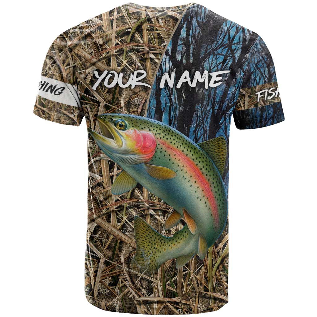 Rainbow Trout Fishing T-Shirt with Camouflage Reeds and Forest Background in Nature-Inspired Colors Graphic Tee