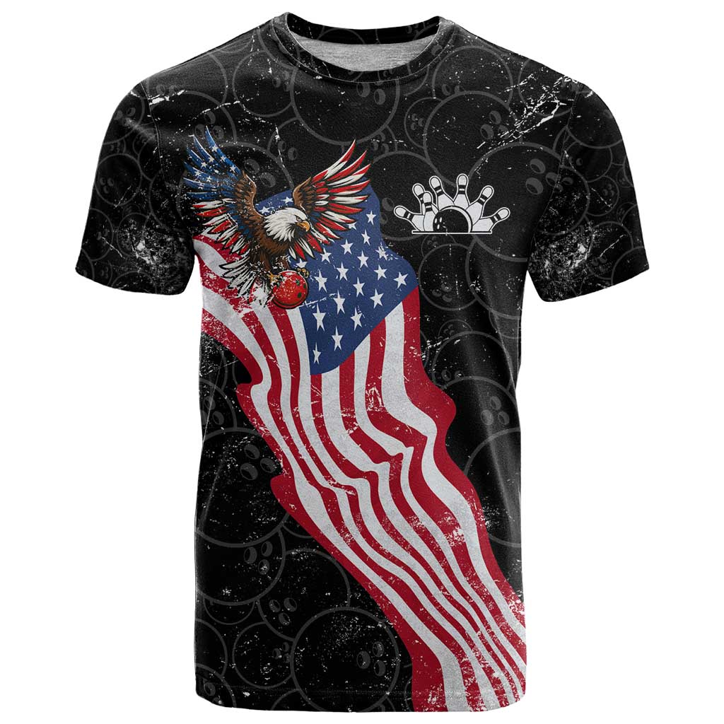 American Eagle Bowling T-Shirt with Distressed Flag and Grunge Pattern in Red White and Blue Graphic Tee