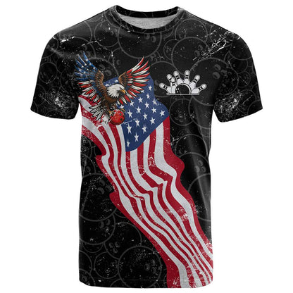 American Eagle Bowling T-Shirt with Distressed Flag and Grunge Pattern in Red White and Blue Graphic Tee