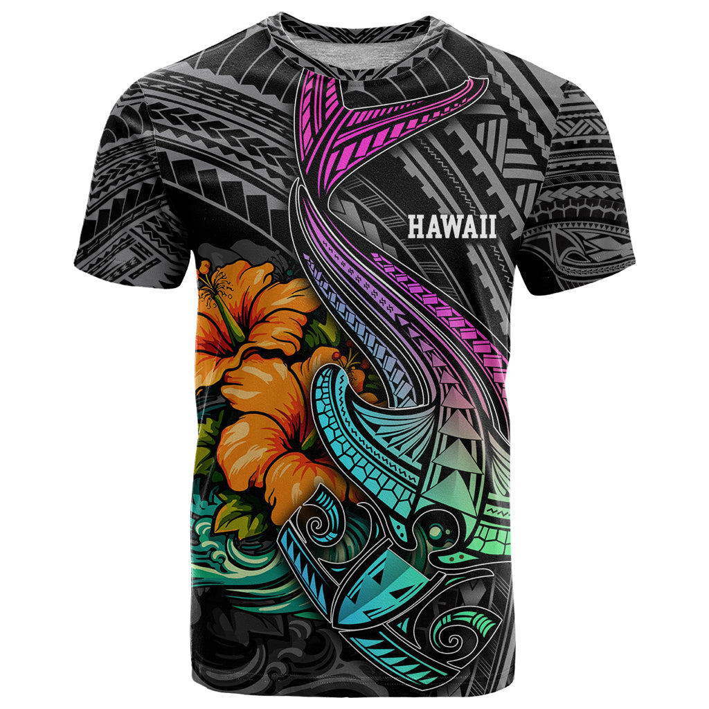 Hawaii Polynesian T-Shirt with Tribal Hammerhead Sharks and Hibiscus Black Graphic Tee