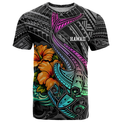 Hawaii Polynesian T-Shirt with Tribal Hammerhead Sharks and Hibiscus Black Graphic Tee