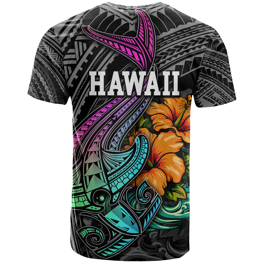 Hawaii Polynesian T-Shirt with Tribal Hammerhead Sharks and Hibiscus Black Graphic Tee