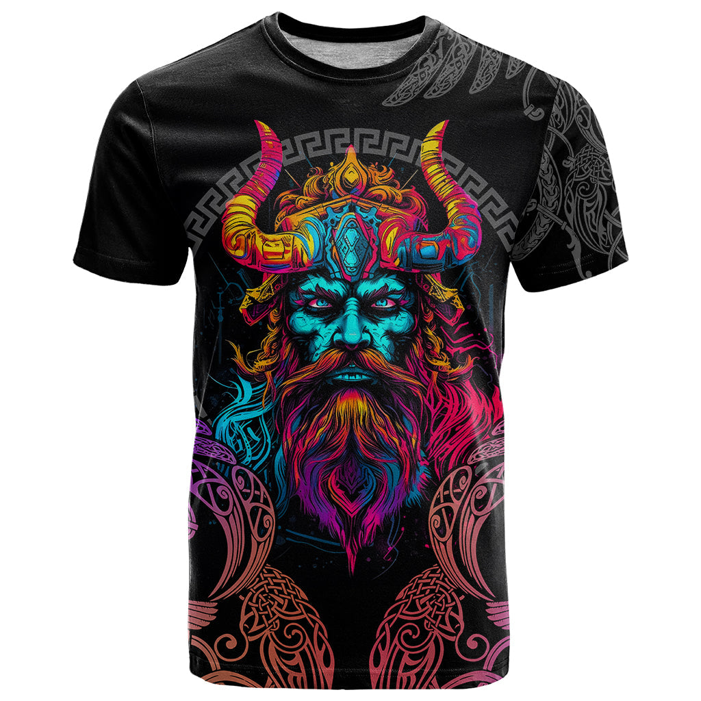 Nordic Warrior Viking T-Shirt with Raven Motif Neon Graphic Tee