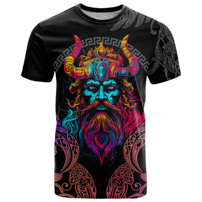 Nordic Warrior Viking T-Shirt with Raven Motif Neon Graphic Tee