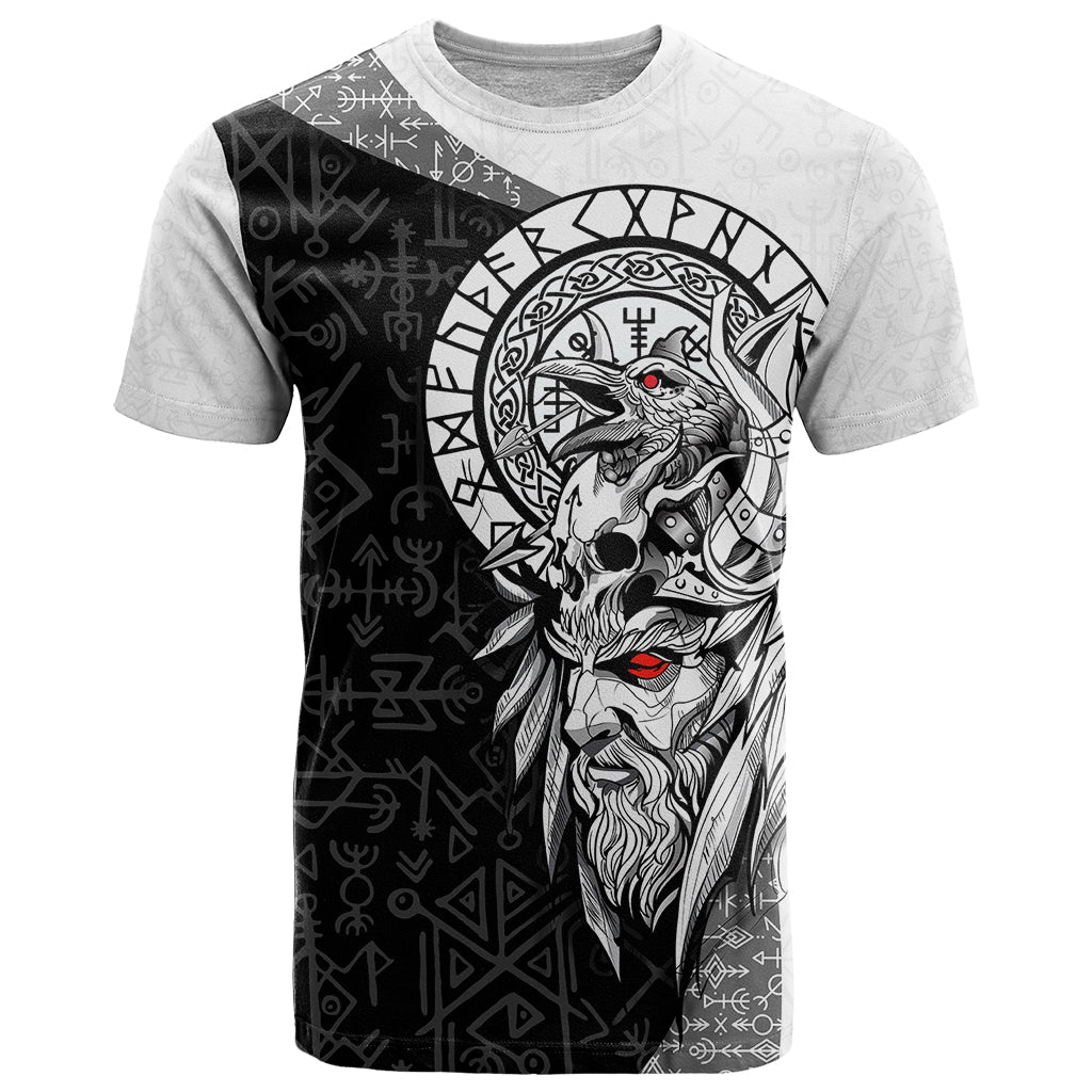 Viking Odin T-Shirt Ravens of Valhalla with Helm of Awe and Ancient Rune Patterns Graphic Tee