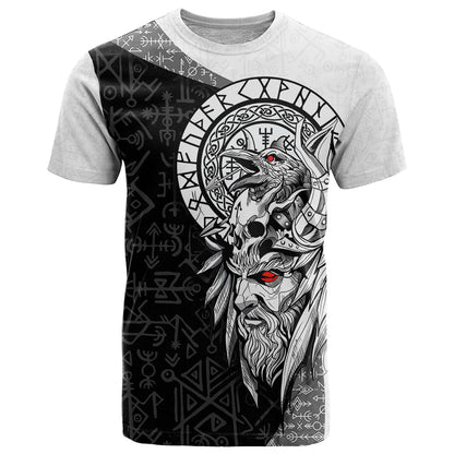 Viking Odin T-Shirt Ravens of Valhalla with Helm of Awe and Ancient Rune Patterns Graphic Tee