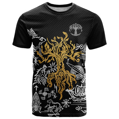 Viking T-Shirt Yggdrasil Pattern And Ancient Rune Graphic Tee