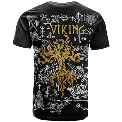 Viking T-Shirt Yggdrasil Pattern And Ancient Rune Graphic Tee