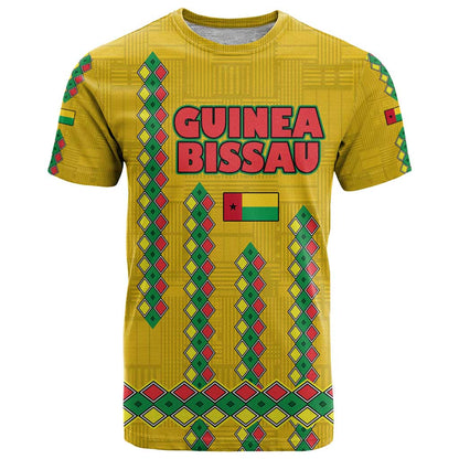 Guinea Bissau T-Shirt with Yellow Tribal Geometric Design and National Flag Graphic Tee