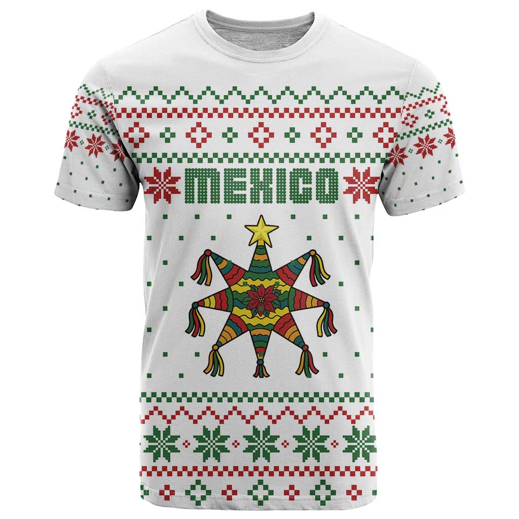 Mexico Christmas T-Shirt with Piñata Star Design and Red Green Snowflake Pattern Graphic Tee