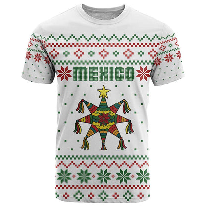 Mexico Christmas T-Shirt with Piñata Star Design and Red Green Snowflake Pattern Graphic Tee