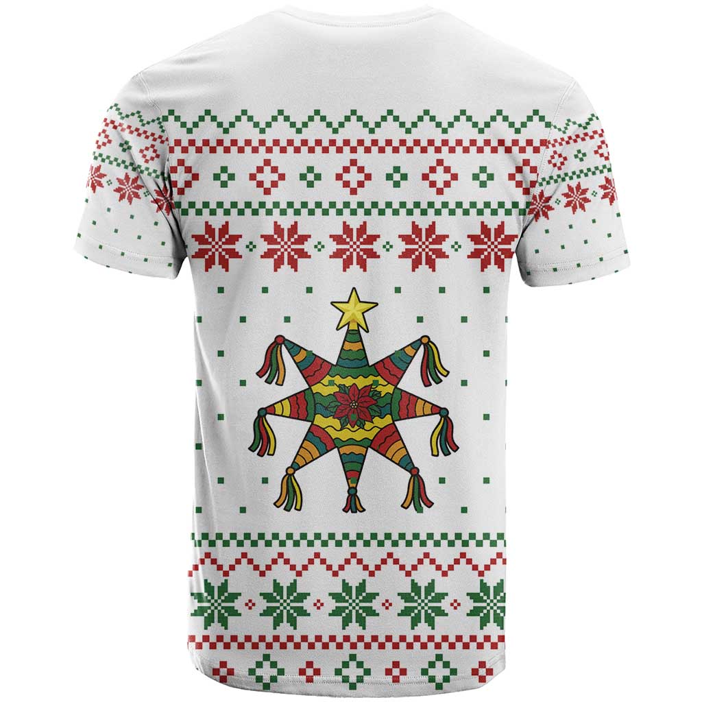 Mexico Christmas T-Shirt with Piñata Star Design and Red Green Snowflake Pattern Graphic Tee