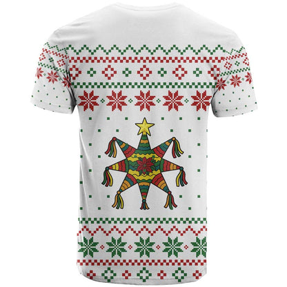 Mexico Christmas T-Shirt with Piñata Star Design and Red Green Snowflake Pattern Graphic Tee
