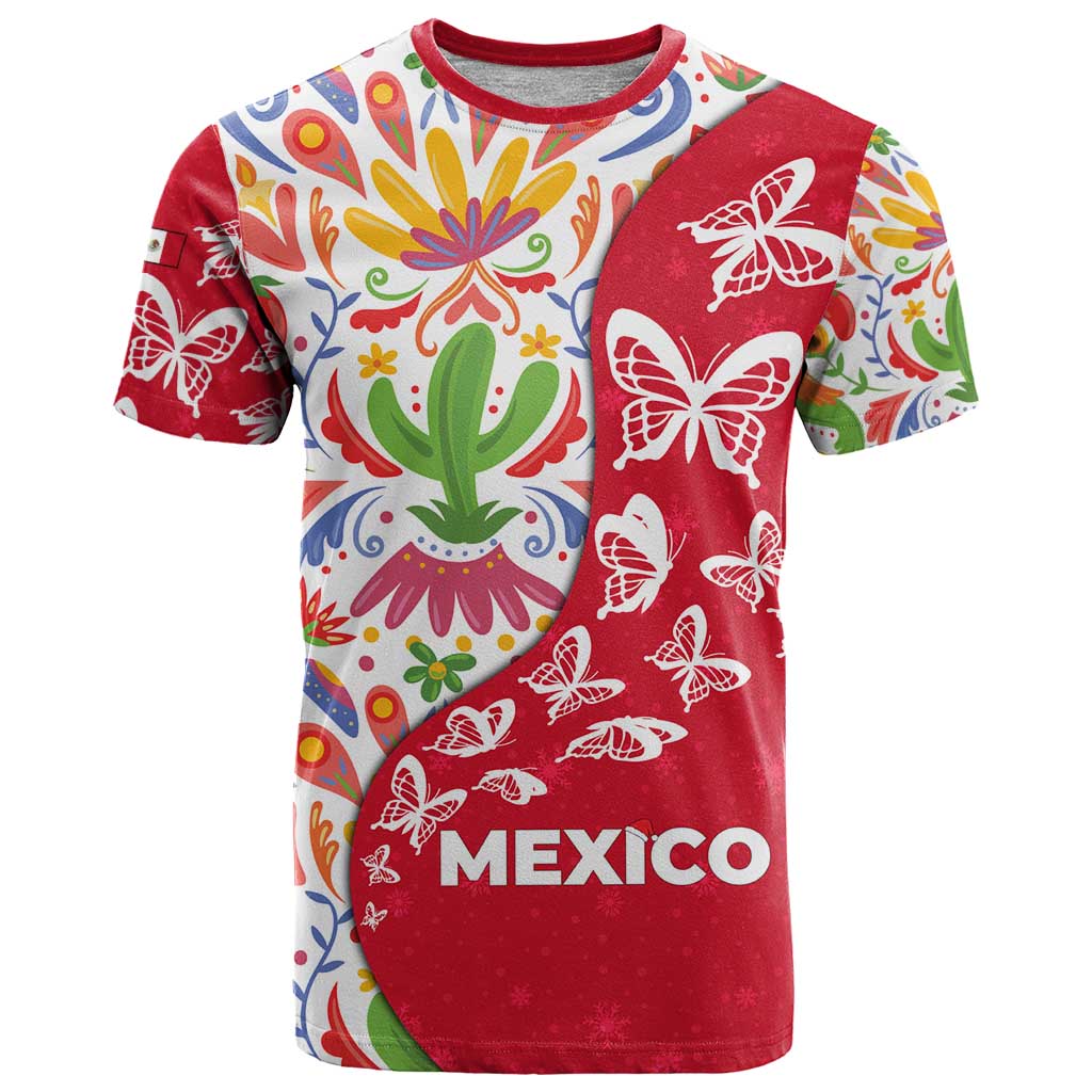 Mexico Christmas T-Shirt with Butterfly Cactus and Colorful Floral Folk Art Graphic Tee