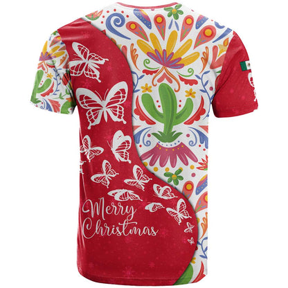 Mexico Christmas T-Shirt with Butterfly Cactus and Colorful Floral Folk Art Graphic Tee