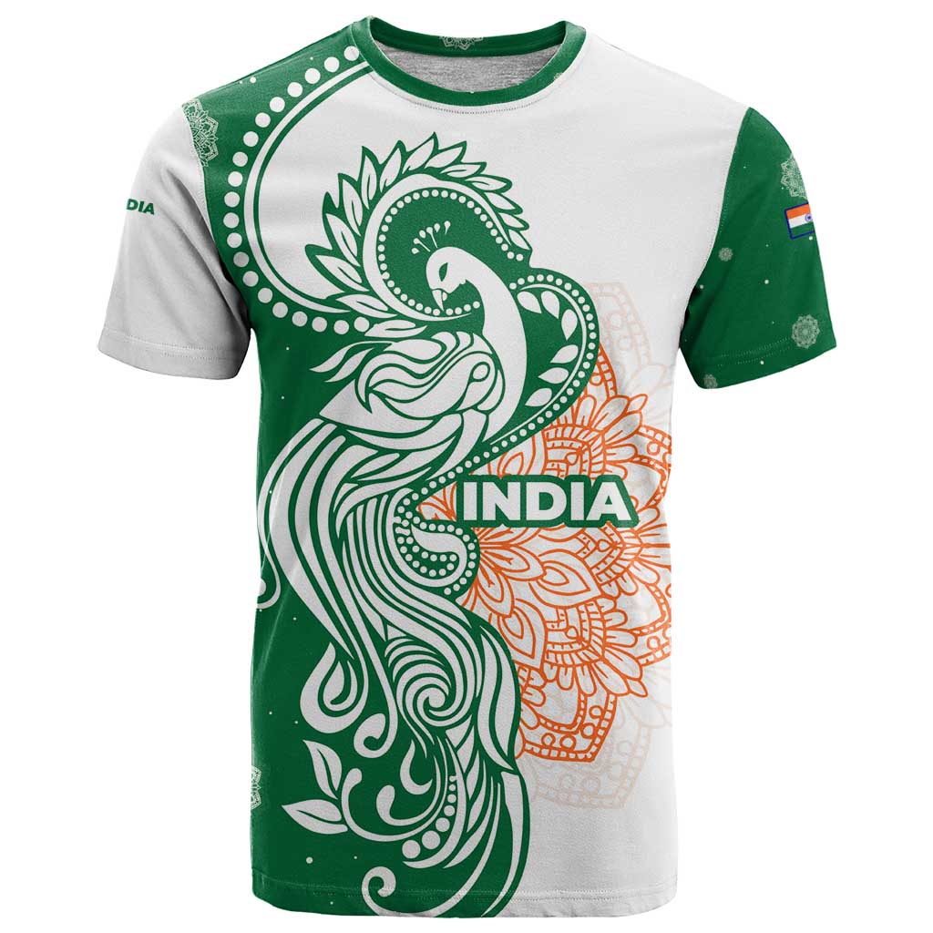 India Christmas T-Shirt with Peacock Mandala Pattern and Tricolor Design Graphic Tee