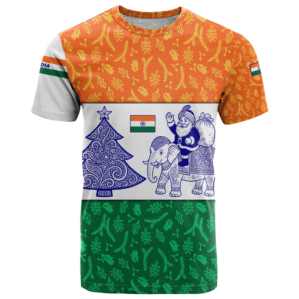 India Christmas T-Shirt with Elephant Santa Tree Design and Tricolor Holiday Pattern Graphic Tee