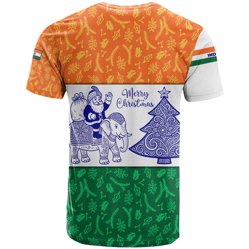 India Christmas T-Shirt with Elephant Santa Tree Design and Tricolor Holiday Pattern Graphic Tee