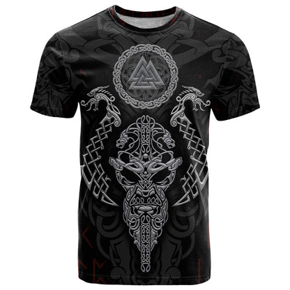 Viking Valhalla T-Shirt Odin and Drakkar Pattern Graphic Tee