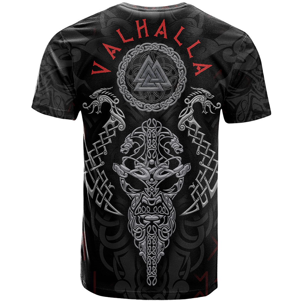 Viking Valhalla T-Shirt Odin and Drakkar Pattern Graphic Tee