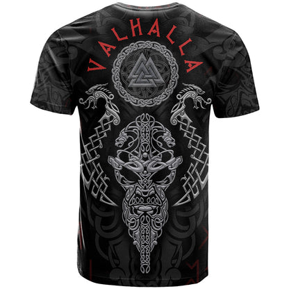 Viking Valhalla T-Shirt Odin and Drakkar Pattern Graphic Tee