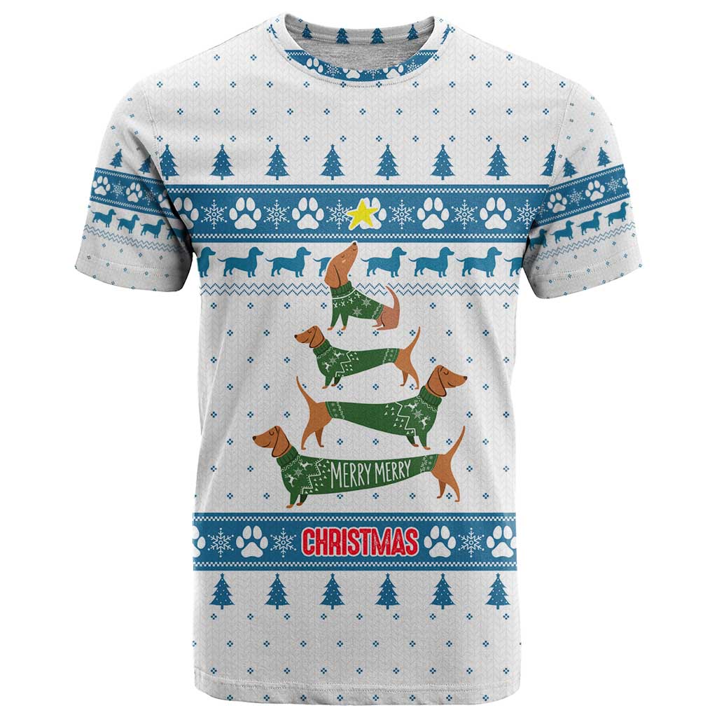 Dachshund Dog Tree Stack T-Shirt with Blue White Paw Print Pattern Design Graphic Tee
