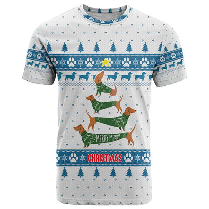 Dachshund Dog Tree Stack T-Shirt with Blue White Paw Print Pattern Design Graphic Tee