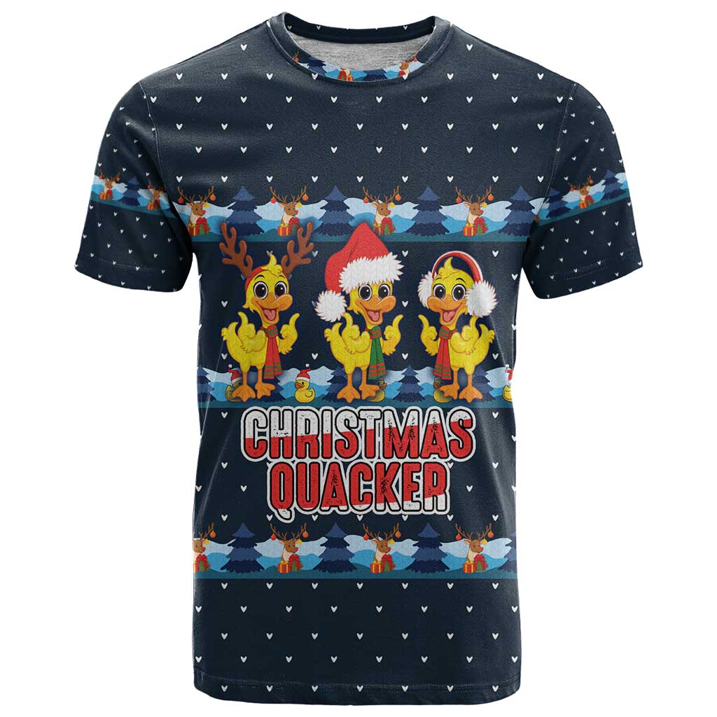 Funny Duck Characters Christmas Quacker Quote T-Shirt with Navy Tree Pattern Design Graphic Tee