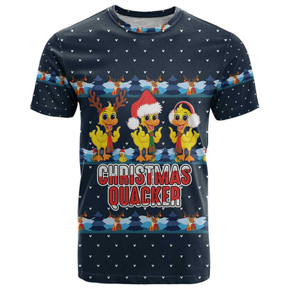 Funny Duck Characters Christmas Quacker Quote T-Shirt with Navy Tree Pattern Design Graphic Tee