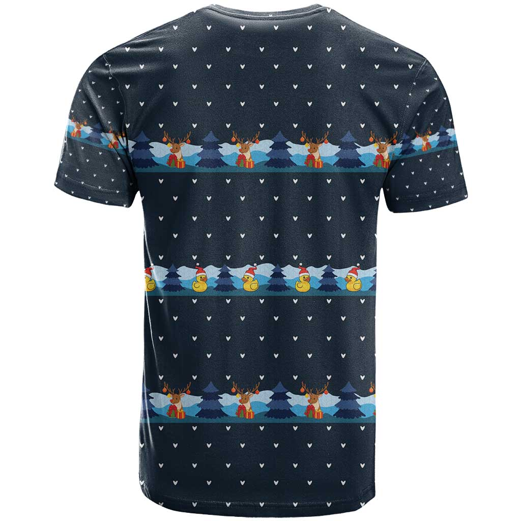 Funny Duck Characters Christmas Quacker Quote T-Shirt with Navy Tree Pattern Design Graphic Tee