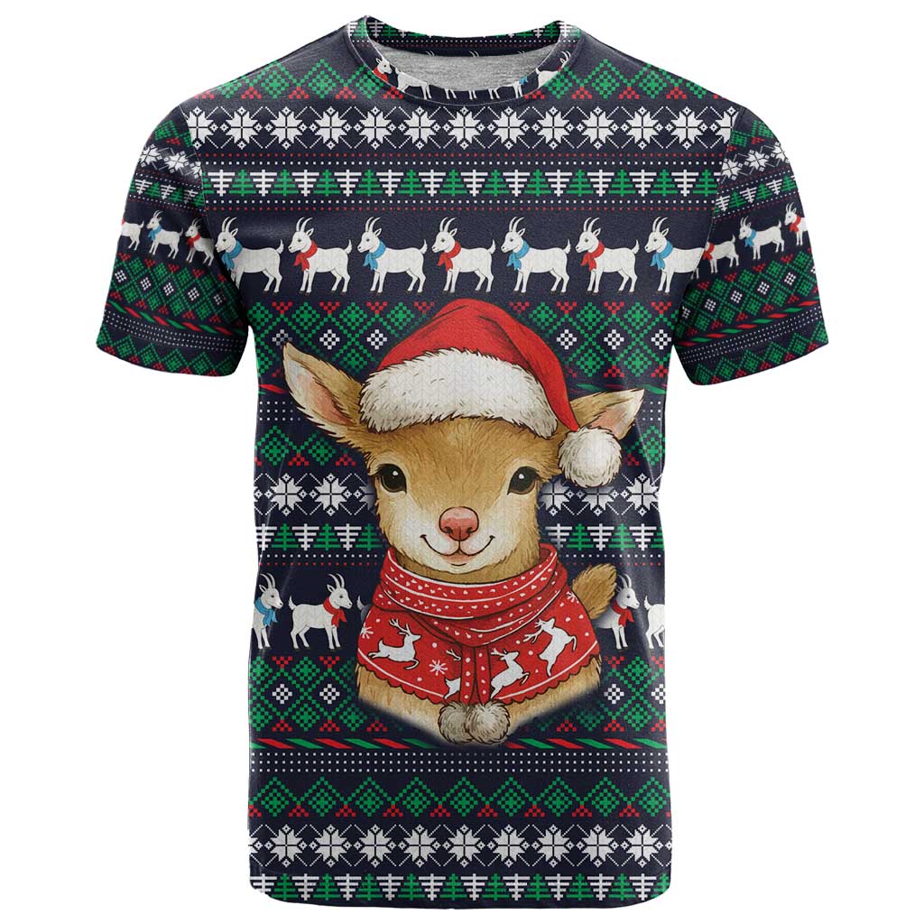 Cute Reindeer in Santa Hat T-Shirt with Red Green Snowflake Knit Pattern Design Graphic Tee