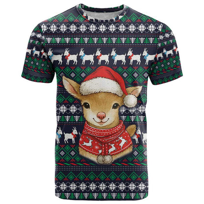 Cute Reindeer in Santa Hat T-Shirt with Red Green Snowflake Knit Pattern Design Graphic Tee